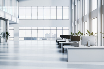 Wall Mural - Modern spacious coworking office interior with panoramic windows, city view and daylight. 3D Rendering.