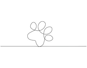 Continuous one line drawing of dog or cat paw. One line drawing illustration of dog or cat mark footprint. Dog or cat step, footprint concept single line. Editable outline