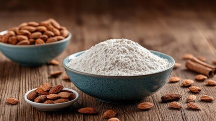 Wall Mural - Almond flour in a bowl with almonds and cinnamon on a wooden surface.