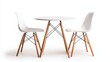 © Alpha - Minimalist white round table with three chairs, isolated on white, showcasing sleek design for modern furniture ads