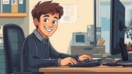 Cartoon man worker typing on computer keyboard. 