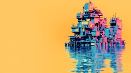 A surreal, futuristic city rises from the water, with vibrant colors and a unique architectural style.