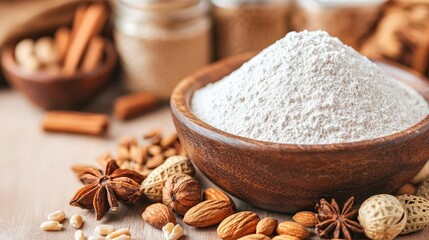 Wall Mural - Flour in a bowl with spices and nuts, on a wooden surface.