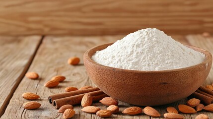 Wall Mural - Almond flour in a rustic bowl on a wooden surface, surrounded by almonds and cinnamon.