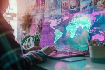 Person analyzing global trends on a laptop in a travel agency