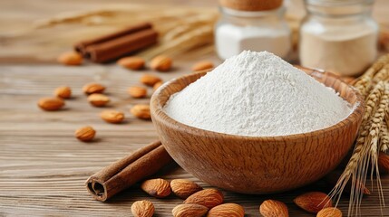 Wall Mural - Almond flour in a wooden bowl surrounded by almonds and cinnamon sticks.