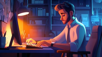 Cartoon man worker typing on computer keyboard. 