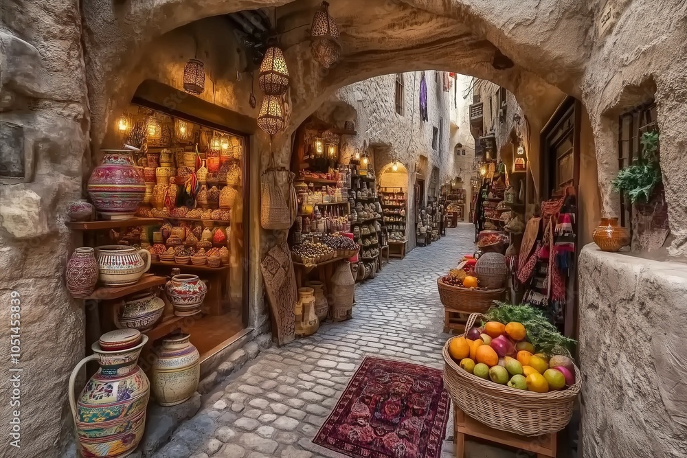 Old narrow street of the traditional Arabian Bazaar Market. Small shops ...