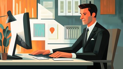 Cartoon man worker typing on computer keyboard. 