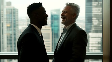 Friendly exchange between a dark-skinned businessman and a grey-haired colleague, both laughing openly while standing near a window with a cityscape in the background