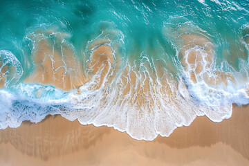 
Aerial view of beautiful sandy beach with turquoise water and waves, top down perspective. Beautiful seascape background for banner design. View from drone above the ocean at sunny day.