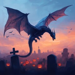 A dragon soaring over a graveyard with pumpkins at sunset.