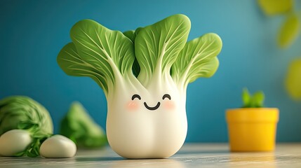 Photo of a cute and happy kale cartoon character.