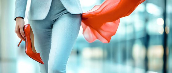 Elegant businesswoman showcasing red high-heeled shoes while holding a vibrant silk scarf in a dynamic office setting