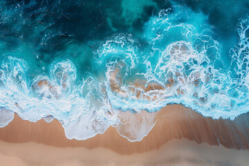 Aerial top view of a beautiful sandy beach with turquoise water and waves, creating a natural background concept. A bird's-eye shot from above, with the style resembling that of a photographer.