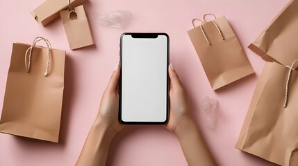 Flatlay composition of a modern smartphone device with various shopping accessories and stationery items on a pastel pink background showcasing a contemporary lifestyle and e commerce concept