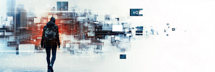 Hacker is walking through an abstract digital data flow