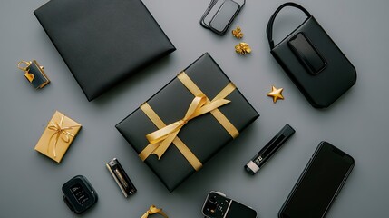 two black gift boxes wrapped up in golden ribbon and a black shopping bag, surrounded by a few tech gadgets, against a gray background, generative ai