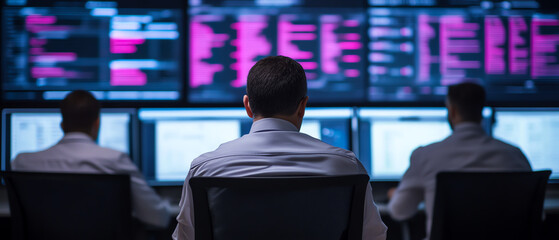 Professionals working in a modern technology control room, monitoring multiple screens with data analysis and digital graphs in a high-tech environment.