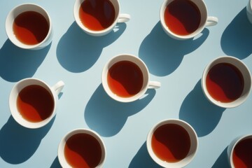 Row of white bowls filled with red liquid. bowls are arranged in a pattern. multiple white teacups filled with a bright red liquid, arranged in a grid pattern against a light blue background.