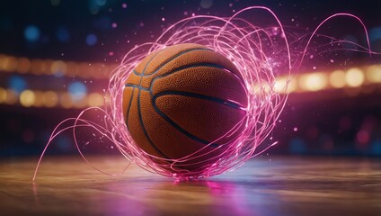 Wall Mural - wireframe basketball player dribbling a ball with glowing lines and pink particles in the background
