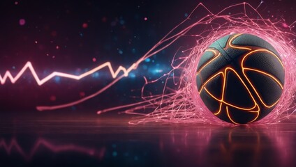 Wall Mural - wireframe basketball player dribbling a ball with glowing lines and pink particles in the background