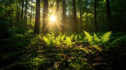 Sticker - A striking image of bright green fern leaves on the forest floor, capturing the richness of nature and inviting viewers to connect with the outdoors.