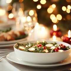 A festive table setting featuring a salad with candles and holiday decor.