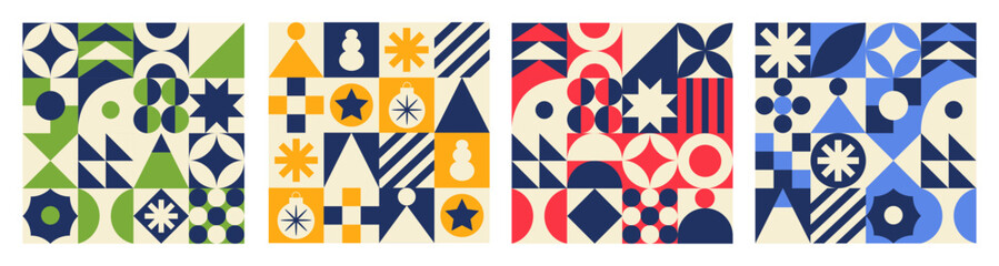 Fototapete - Geometric set colorful seamless patterns. Trendy abstract swiss background. Red, blue, yellow and green colors. Vector illustration	