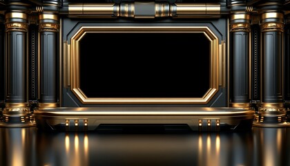 Black and Gold Futuristic Architectural Structure with Empty Frame