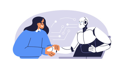 Wall Mural - ai and human handshake. cooperation and partnership concept. artificial intelligence and person shak