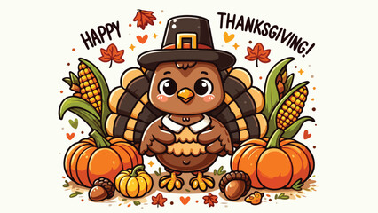 A cute cartoon-style turkey wearing a pilgrim hat, standing on a patch of fallen leaves. Around it are pumpkins, corn cobs, and acorns. The turkey holds a sign that reads, 'Happy Thanksgiving!' 3