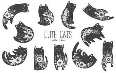 Vector illustration with black and white cute cartoon cats and flowers isolated on white background. Adorable animal design collection for card print, wallpaper, poster, nursery decoration