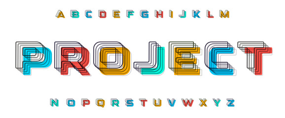 Poster - Layered outline alphabet. Blending overlapping lines and multicolor shapes. Geometric experimental font for creative projects, digital art, contemporary branding, innovative posters. Vector typeset.