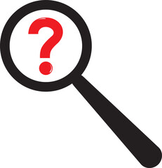 Simple vector illustration featuring a magnifying glass icon with a red question mark inside. This universal symbol is often used to represent the concepts of search, questions, and mystery. 