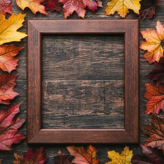 A wooden frame surrounded by colorful autumn leaves resting on a rustic wooden surface.