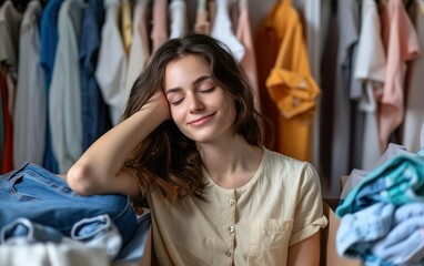 Smiling woman tired of packing falling asleep in her closet among bunches and piles of old clothes in boxes. Clothing donation, charity. Sustainability, repurpose, circular economy. Zero waste concept