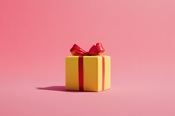 Wall Mural - Yellow gift box tied with red ribbon, pink background, ready to give to someone special on an important day.