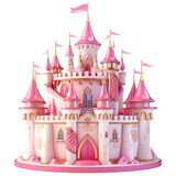 whimsical pink castle with tall spires and flags, perfect for fairytale setting. This enchanting structure features intricate details and magical atmosphere, ideal for childrens stories