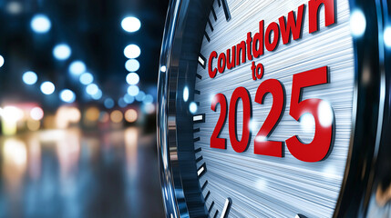 Countdown to 2025 is depicted in this digital illustration, showcasing clock with vibrant red display. image evokes anticipation and excitement for upcoming year