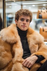 Young man in a fur coat looking at the camera.