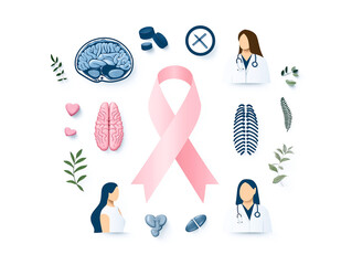 Promoting health awareness, this graphic features pink ribbon symbolizing support for health causes, surrounded by medical icons like brain, pills, and healthcare professionals