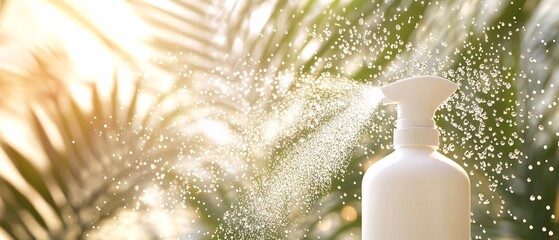 A closeup of a white spray bottle creating a mist, set against a blurred natural backdrop. Ideal for showcasing freshness, hygiene, and natural beauty.