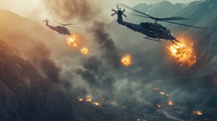 Two military helicopters flying over a mountainous terrain with explosions in the background.