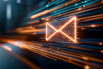 glowing encrypted mail interface with flowing circuits and binary code, symbolizing digital communication and security. vibrant colors create dynamic and futuristic atmosphere