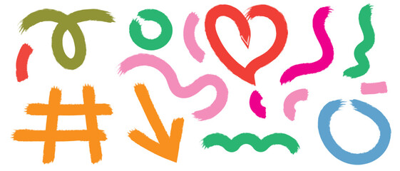 Wall Mural - thick brush drawn colorful squiggles, heart, arrow and grid. bold geometric shapes in grunge doodle 