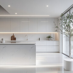 White and clean modern kitchen interior design  white champange and light grey color.