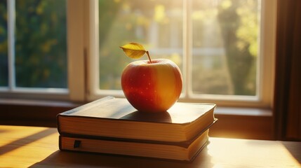 Wall Mural - Red Apple on Books by Window