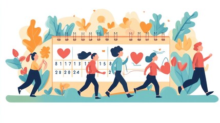 people running towards a calendar with red hearts.