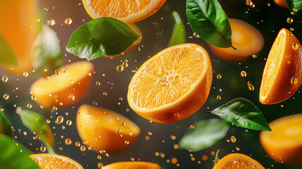 Wall Mural - Falling juicy oranges with green leaves isolated on transparent background. Flying defocusing slices of oranges